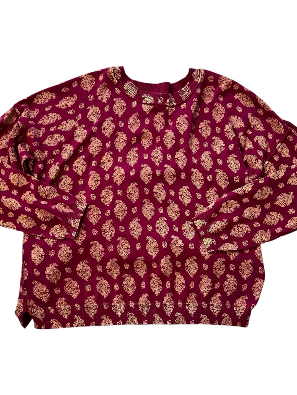 Wonderly Maroon Crewneck Sweater with Gold Paisley Motif Size XL